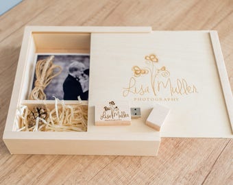 Wooden photo box for 5"x7" (15x20cm) + USB Flash Drive 8GB, 16GB, 32GB with logo engraved or other tex