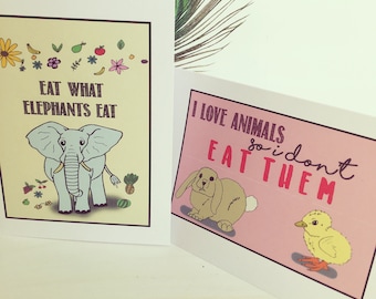 Five Different Blank Cards- Vegan- Vegetarian Cards- Paper Products- Birthday Cards- Hand Drawn- Illustration
