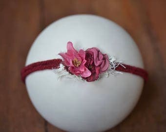 Pink and Burgundy Baby Headband, Newborn Tieback, Flower Headband
