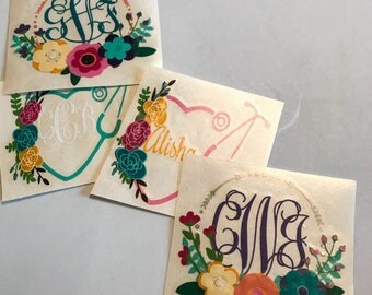 Boho Monogram Yeti Decal, vinyl monogram sticker, Deer floral bohemian sticker, Antler floral, Stethoscope, Arrow Dots, mix n match flowers