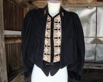 Antique Vintage Victorian Edwardian Black Wool Jacket Top with Lace, Velvet Trim
