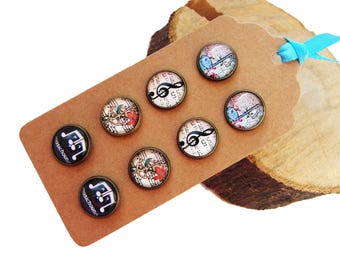 Stud earrings - single or set - Music - small post earrings, 12mm cabochons glass dome bezel photo image, music notes, treble clef, musician