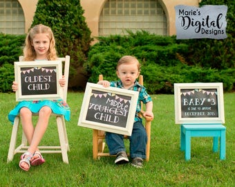 Set of 3 PRINTABLE Chalkboard Pregnancy Announcement Photo Props Oldest Middle Youngest Child Signs / Baby #3 Reveal Photoshoot - JPEG files