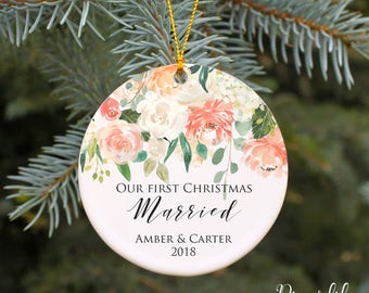 Our First Christmas Ornament Our First Christmas Married Ornament Wedding Christmas Ornament Personalized Wedding Gift Watercolor floral