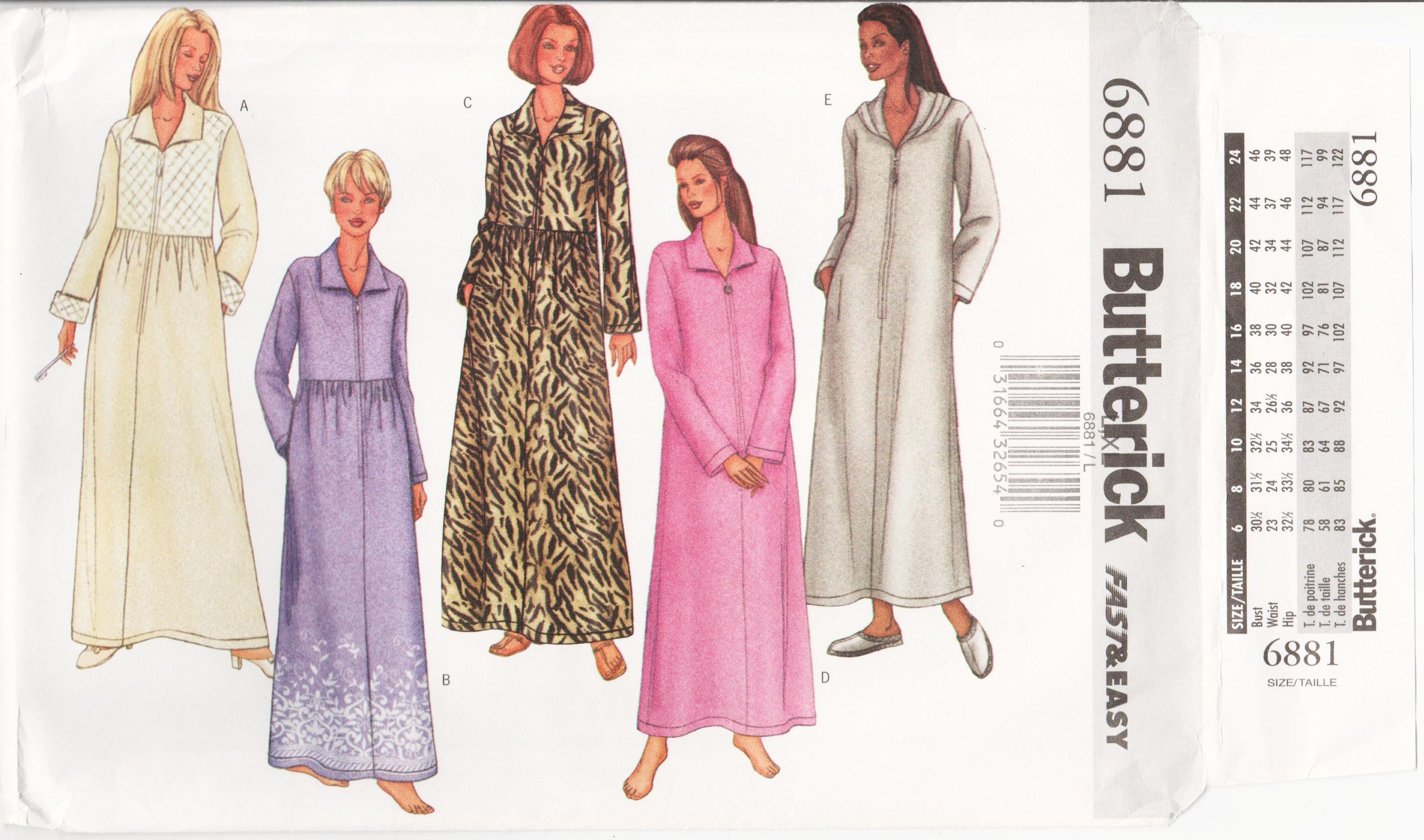 Womens Robe Pattern Zipper Robe Hooded Robe BUTTERICK 6881 UNCUT bust