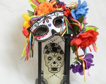 Day of the Dead Lantern, Dia de Los Muertos Candle, Halloween Centerpiece, Halloween Lantern Swag, Day of the Dead Centerpiece, Floral Swag