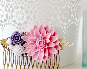 Floral Hair Comb - Vintage Style Bridal Comb - Boho Wedding Hair Accessories - Wedding Comb - Wedding Hair - Date Night - Pink Wedding Comb