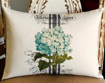 Blue Hydrangea pillow cover Spring Summer French ephemera floral flower 12x16 canvas cottage chic cushion #249 FlossieandRay