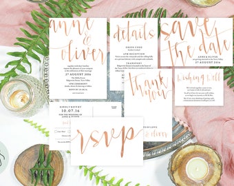 Rose gold wedding invitation, Rose gold invitation, Printable wedding stationery, Copper wedding invitation, Rose gold save the date cards
