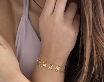 Name Bracelet, Old english name Bracelet , Gothic Letters Bracelet, Old english Letters Name Bracelets, Kim Kardashian style name bracelet
