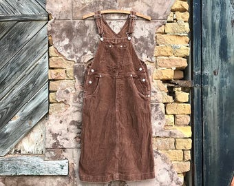 Vintage Brown Corduroy Overall Dress | xs