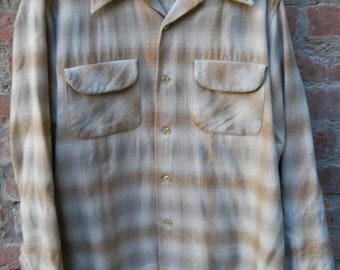Pendleton Shadow Plaid Board Shirt 1960's 1970's L Large Taupe Loop Collar Flap Pockets 100% Virgin Wool Made in USA
