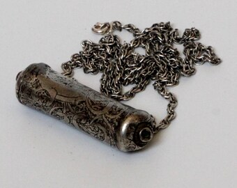 Antique Islamic amulet box Scroll holder with welded cap, silver Etched capsule