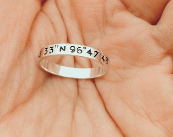 Coordinates Ring, Latitude Longitude Ring, Custom Coordinates Ring, Stacking Rings, GPS coordinates, Long Distance, Christmas Gift, For Him