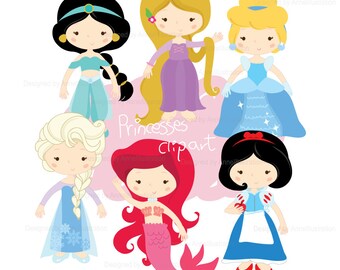 Princess Clipart,Snow white Clipart,Mermaid,Cinderella,Repunzel,Jasmine,Elsa,Personal & Commercial use,Vector,Instant download_ CA14