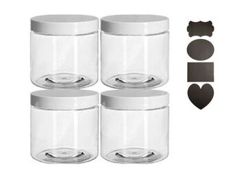 16 oz PET Plastic Jars Clear w/ white caps Qty 6 - Perfect for DIY lotion, creams, bath salts etc + Chalkboard labels