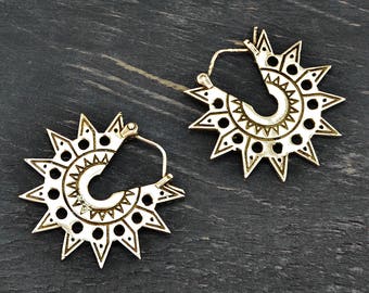 Tribal Sun Earrings, Aztec Sun Earrings, Silver Hoop Earrigs, Aztec Earrings, Tribal Earrings, Sun Hoop Earrings, Mexican Jewelry