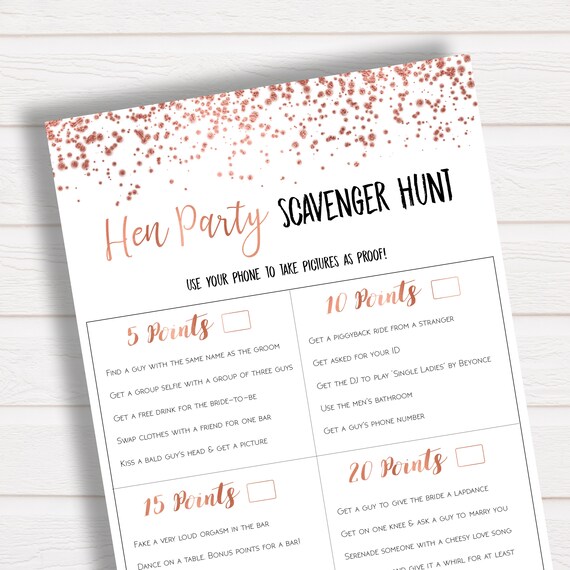 Hen Party Scavenger Hunt Game Rose Gold Confetti Hen Party 3169