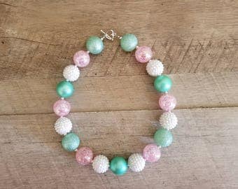 Aqua/Mint Pink White Chunky Necklace, Mint & Pink Chunky Necklace, Baby Necklace, Bubblegum Bead Necklace, Little Mermaid Necklace