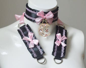 Kitten play collar and cuffs - Lovers moon - ddlg cgl princess cute neko soft romantic set - black and pastel pink daddy kink nekollars