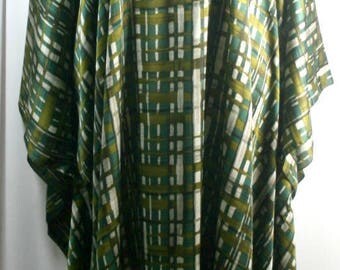 Plus size tall caftan, shamoz or charmeuse fabric, green or blue w/checks pattern, green or brown w/quilt pattern, size 1X-2X,size 3X-4X
