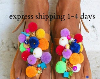 20% OFF EUPHORIA / Pom Pom sandals/ T-strap sandals/ boho sandals/ colorful sandals/ handmade Greek sandals/ boho flats/ decorated sandals