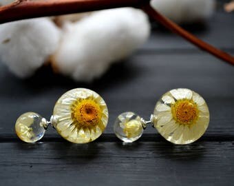 Flower jewellery - Double sided earrings with chamomiles - flower double stud earrings - chamomile earrings - chamomile front back earrings