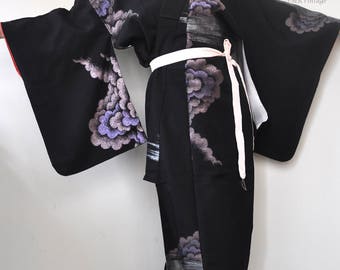 Black long kimono robe/vintage japanese silk kimono/authentic full length kimono gown dress/oriental/geisha/duster coat/boho jacket