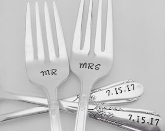 Mr Mrs handstamped vintage wedding forks, engagement silverware, custom with wedding date, bride and groom, personalized