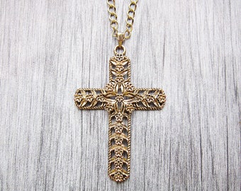 Vintage cross necklace Girlfriend gift for wife Gifts for sister necklace Antique Gold cross pendant Maltese cross necklace Long necklace