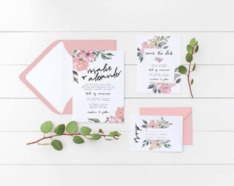 Floral Wedding Invitation Suite, the Rosalie Suite, Flower Wedding Invitations, Rustic Invite, Printable Invite, Save the Date + RSVP