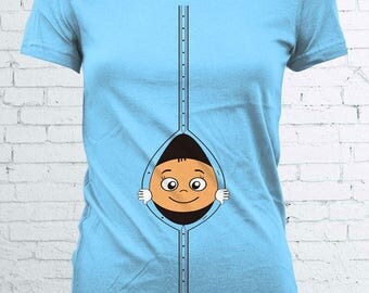 baby peeking out of belly shirt