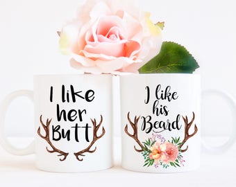 I Like His Beard I Like Her Butt - Rustic Country Couples Mugs - Engagement Gift - Gift for Newlyweds - Wedding Gift Ideas - Coffee Mug Set
