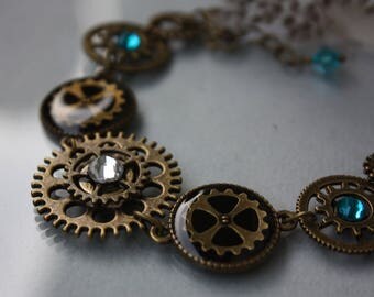 Steampunk Bracelet, machinery, Watch Part Bracelet, gear, Steampunk Jewelry, Cog Bracelet, Blue, Clockwork, Antique bronze, Resin,