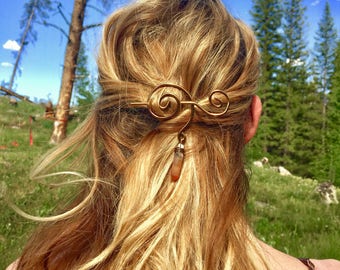 Crystal Hair Pin - BOHO Gold Hair Brooch - Quartz Crystal Updo Stick - Raw Quartz Crystal Hair Stick Brooch - Scarf or Hair Crystal Pin