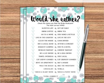 Would She Rather Bridal Shower Game - Tiffany Blue Diamonds Printable Bridal Shower Game - Bachelorette Party Night - Hen Party Game TB74