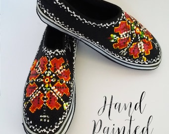 Hand Painted Shoes, Painted Embroidery Slip Ons, Handpainted Shoes, Etnic Shoes, Bulgarian Embroidery Slip On Shoes, Womans Shoes, Etnic Art