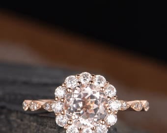 Art Deco Engagement Ring Morganite Wedding Ring Antique Bridal Retro Moissanite Halo Diamond Half Eternity Flower Ring Anniversary Women