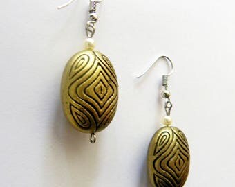 Large Gold Aztec Oval Drop Earrings