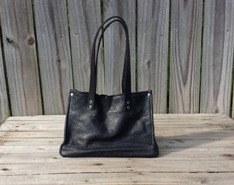 Ladie's Black Leather Handbag, Deer Skin, Paris Fabric Interior, Black Veg Handles, Security Rivets, Handcrafted in USA - (12"X10"X5")