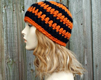 Black and Orange Beanie - Crochet Womens Hat Mens Hat - Warm Winter Hat Black Beanie Orange Beanie Halloween Hat - READY TO SHIP
