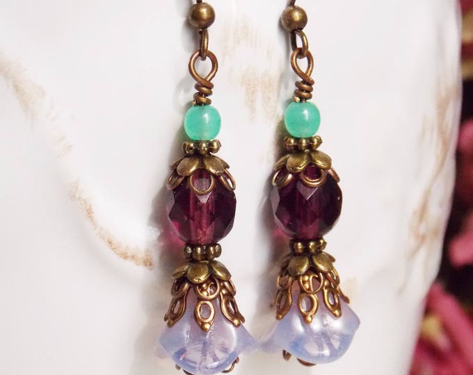 Victorian Floral Brass Dangle Earrings Vintage Style Downton Abbey Jane Austen Jewelry Purple Green Opal Teal Gemstone Czech Glass Earrings