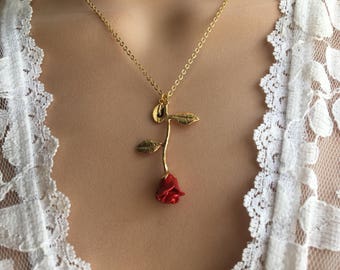 Original Red Rose Necklace, Gold Rose, Beauty and the Beast Necklace,Anniversary Gift, Personalized Bridesmaid gift, Initial Necklace