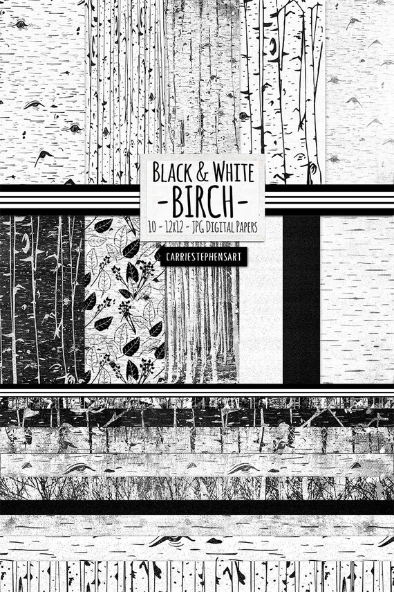 Black and White Digital Paper, Birch Tree Pattern Paper, Rustic Wood Grain Pattern, Outdoor Wedding Album, Digital Scrapbook Background Il_570xn