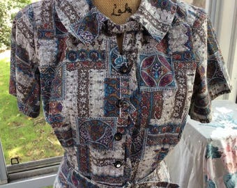 Vintage 1950s Dress Cotton Browns Light Blue Purple Comes With Belt Generous Size
