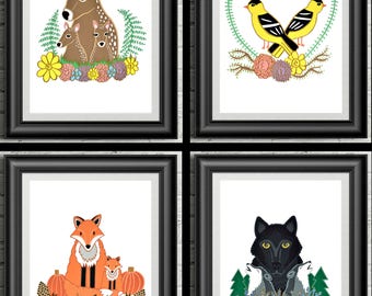 Ensemble d'illustrations les 4 saisons, affiche 5 x 7, téléchargement instantané, téléchargement numérique, affiche animals, affiche nature