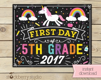 Unicorn First Day of 5th Grade Sign - Girl First Day of School Sign Printable - Instant Download - Rainbow First Day Fifth Grade Sign