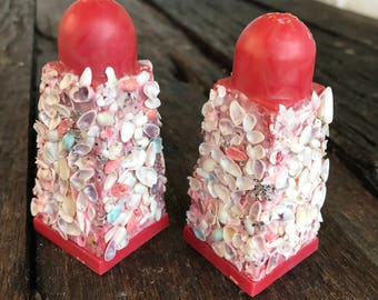Vintage Red Florida Souvenir Salt and Pepper Shakers Shell Encrusted Shells with Glitter