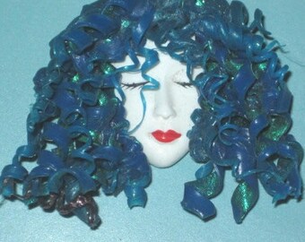 Handmade Blue Curly Hair Lady Head Face Pin