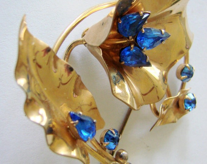 1940s Floral Designer Signed "Palm" Sapphire Rhinestone Gold Filled Brooch / Retro / Vintage Jewelry / Jewellery